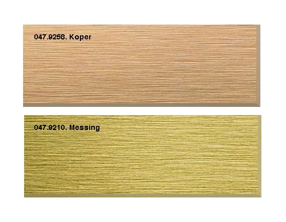 Alu-kanten Melamineblad T567 met afgeronde hoeken en messing/koper rand