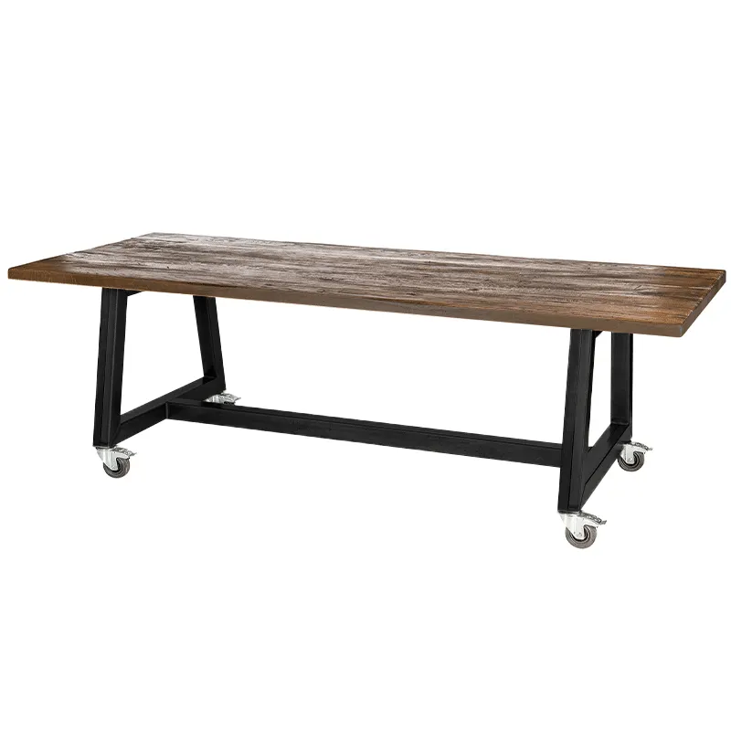 Tafel Eiken Antiek met zwart brugframe Tafel Antiek Eiken wielen