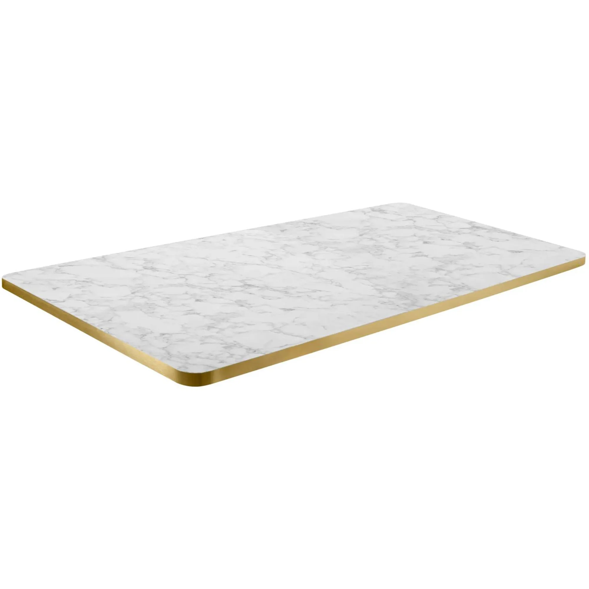 Melamine tafelblad 120x70 wit marmer met messing rand en afgeronde hoeken Melamineblad T566 met afgeronde hoeken en messing/koper rand