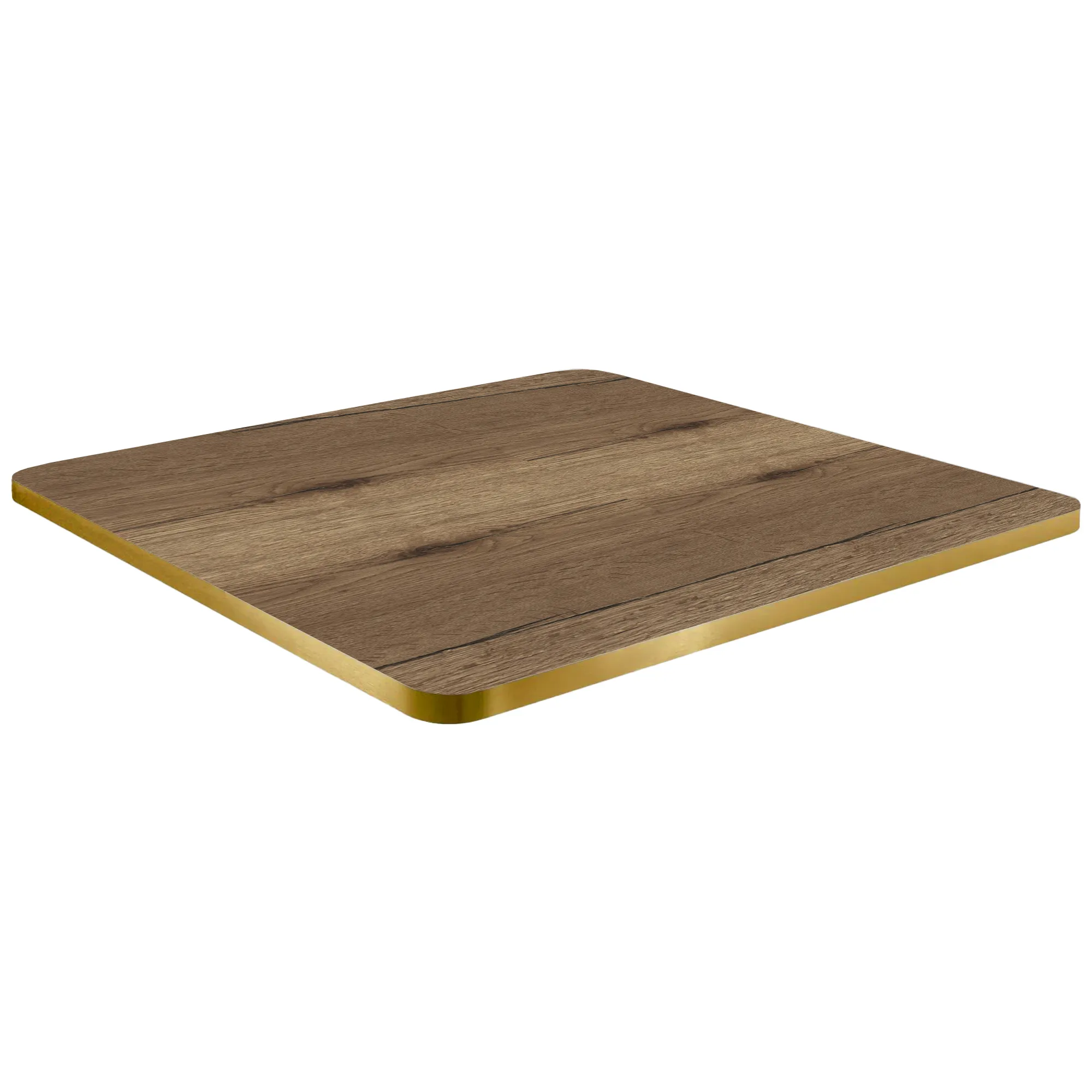 Melamine tafelblad 70x70 Halifax Oak Tobacco met messing rand en afgeronde hoeken Melamineblad Halifax Oak Tobacco met afgeronde hoeken en messing/koper rand