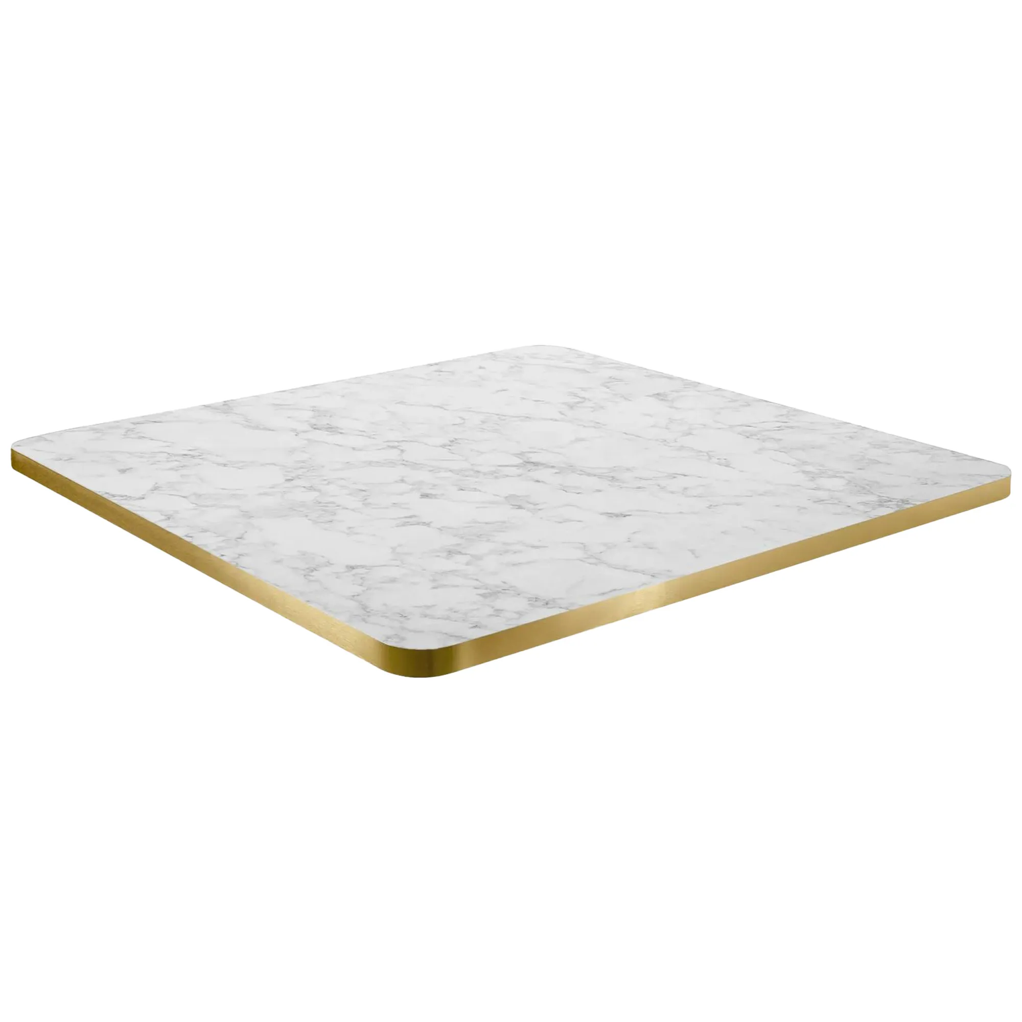 Melamine tafelblad 70x70 wit marmer met messing rand en afgeronde hoeken Melamineblad T566 met afgeronde hoeken en messing/koper rand