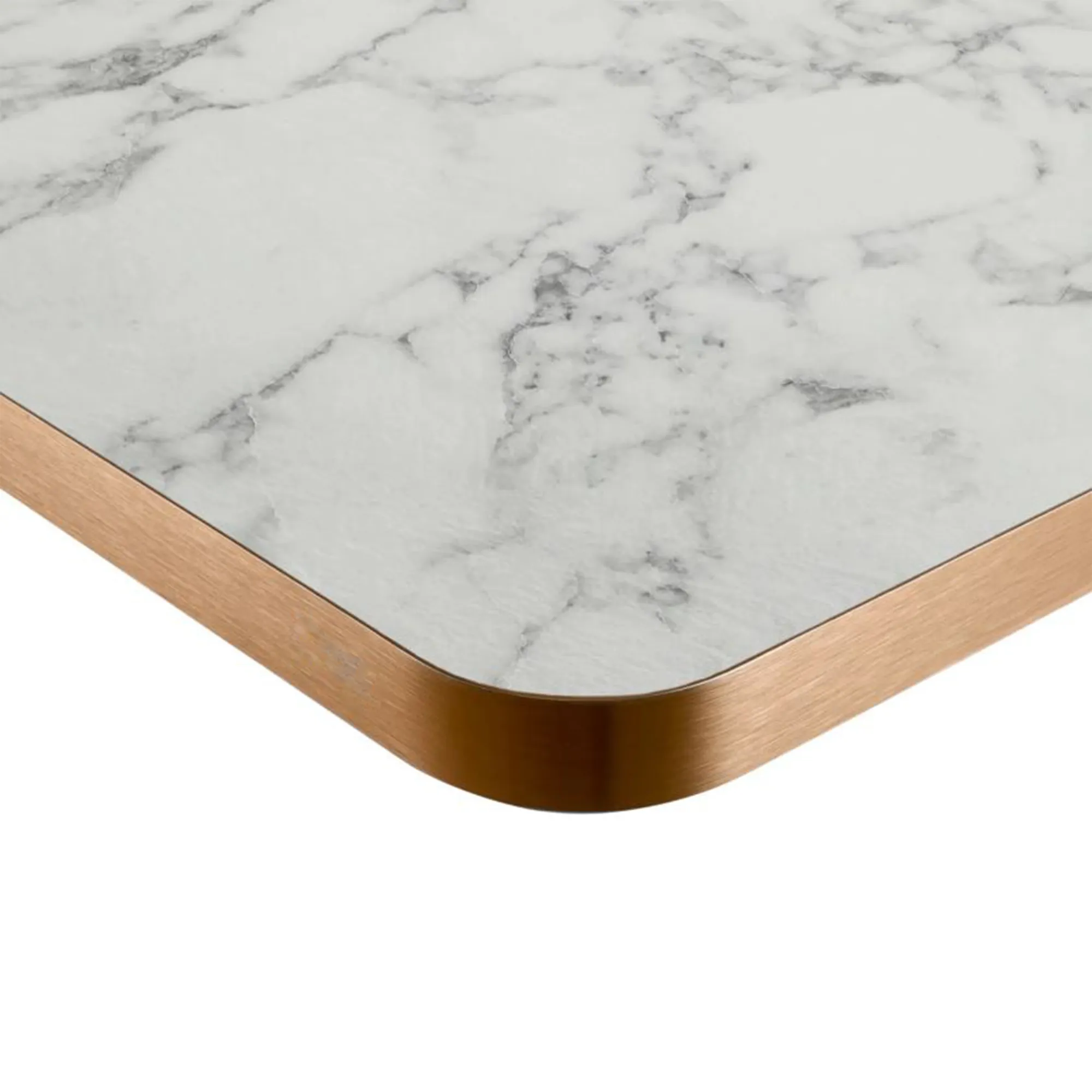 Melamine tafelblad wit marmer met koperen rand en afgeronde hoek Melamineblad T566 met afgeronde hoeken en messing/koper rand