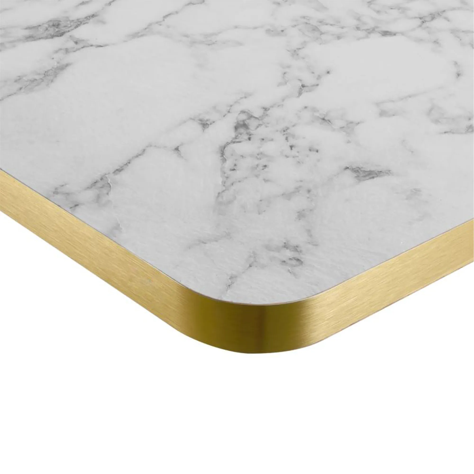 Melamine tafelblad wit marmer met messing rand en afgeronde hoek Melamineblad T566 met afgeronde hoeken en messing/koper rand