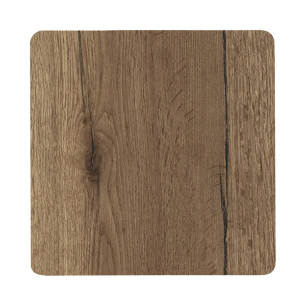 Melamineblad Halifax Oak Tobacco met afgeronde hoeken en messing/koper rand